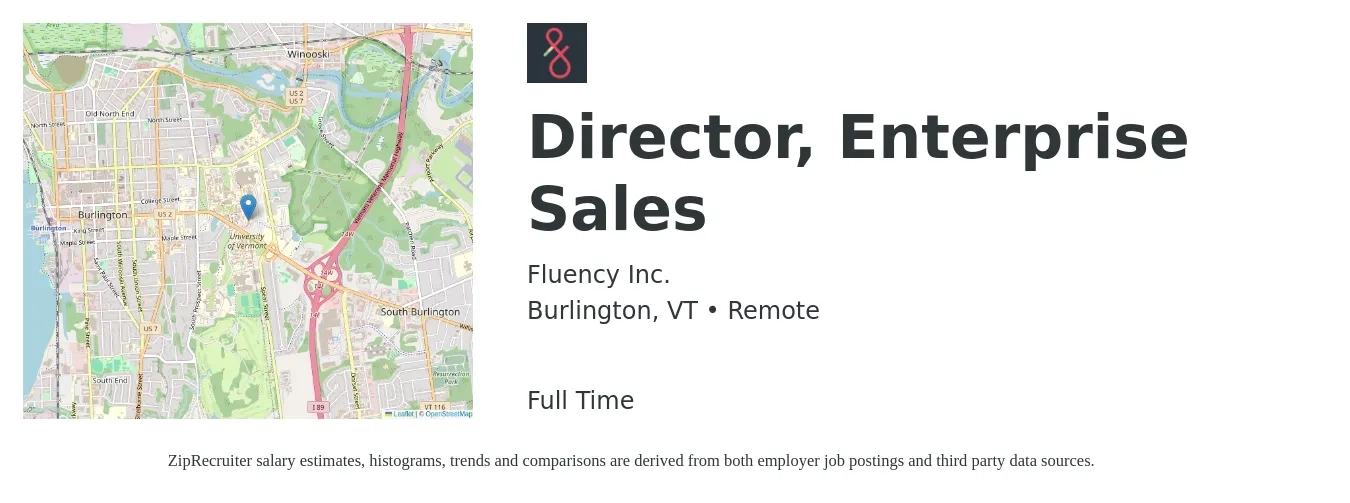 Fluency Inc. job posting for a Director, Enterprise Sales in Burlington, VT with a salary of $112,300 to $162,100 Yearly with a map of Burlington location.