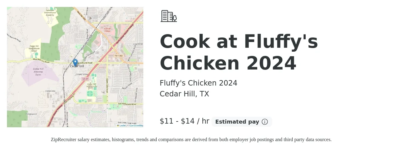 Fluffy's Chicken 2024 job posting for a Cook at Fluffy's Chicken 2024 in Cedar Hill, TX with a salary of $12 to $15 Hourly with a map of Cedar Hill location.