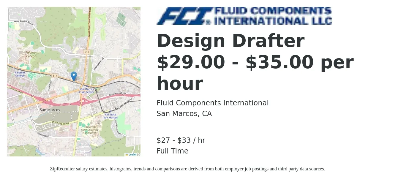 Fluid Components International job posting for a Design Drafter $29.00 - $35.00 per hour in San Marcos, CA with a salary of $29 to $35 Hourly with a map of San Marcos location.
