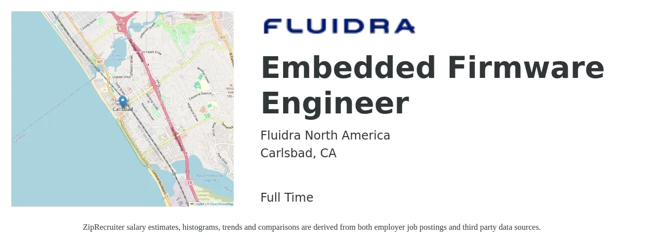 Fluidra North America job posting for a Embedded Firmware Engineer in Carlsbad, CA with a salary of $106,100 to $145,300 Yearly with a map of Carlsbad location.
