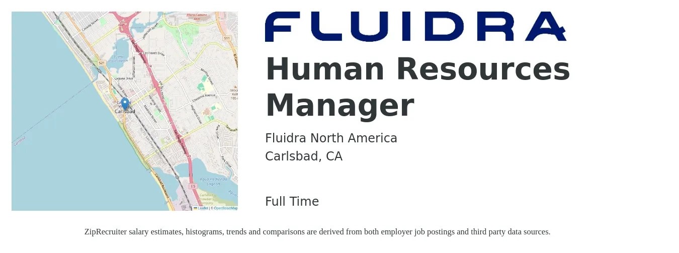 Fluidra North America job posting for a Human Resources Manager in Carlsbad, CA with a salary of $71,600 to $103,700 Yearly with a map of Carlsbad location.
