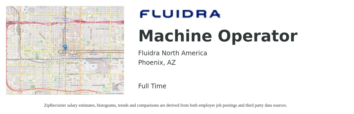 Fluidra North America job posting for a Machine Operator in Phoenix, AZ with a salary of $17 to $20 Hourly with a map of Phoenix location.