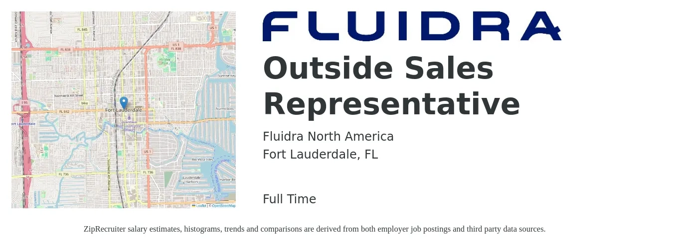 Fluidra North America job posting for a Outside Sales Representative in Fort Lauderdale, FL with a salary of $50,200 to $86,000 Yearly with a map of Fort Lauderdale location.