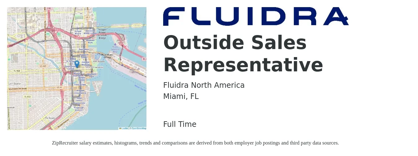 Fluidra North America job posting for a Outside Sales Representative in Miami, FL with a salary of $50,200 to $86,100 Yearly with a map of Miami location.