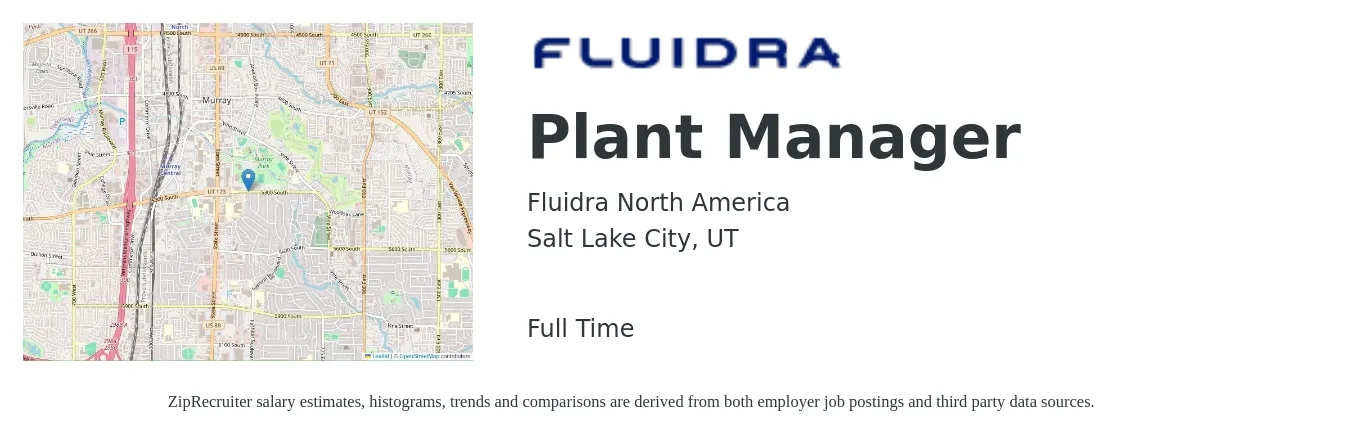 Fluidra North America job posting for a Plant Manager in Salt Lake City, UT with a salary of $88,100 to $136,000 Yearly with a map of Salt Lake City location.