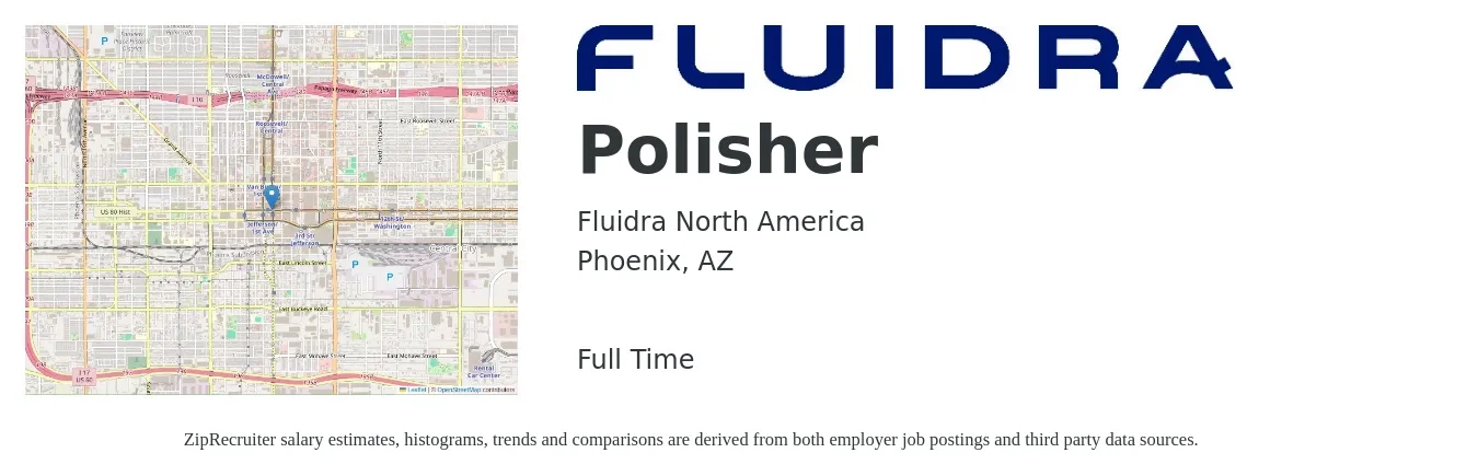 Fluidra North America job posting for a Polisher in Phoenix, AZ with a salary of $17 to $22 Hourly with a map of Phoenix location.