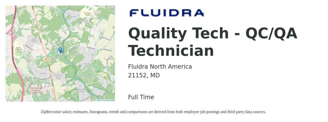 Fluidra North America job posting for a Quality Tech - QC/QA Technician in 21152, MD with a salary of $18 to $23 Hourly with a map of 21152 location.