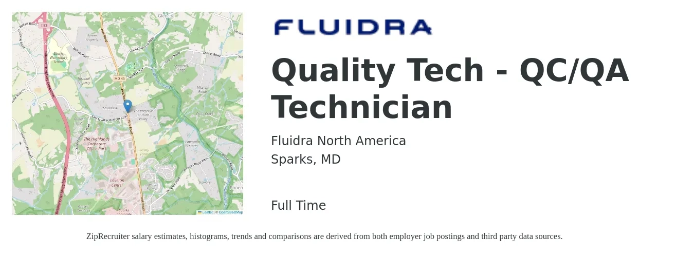 Fluidra North America job posting for a Quality Tech - QC/QA Technician in Sparks, MD with a salary of $18 to $23 Hourly with a map of Sparks location.