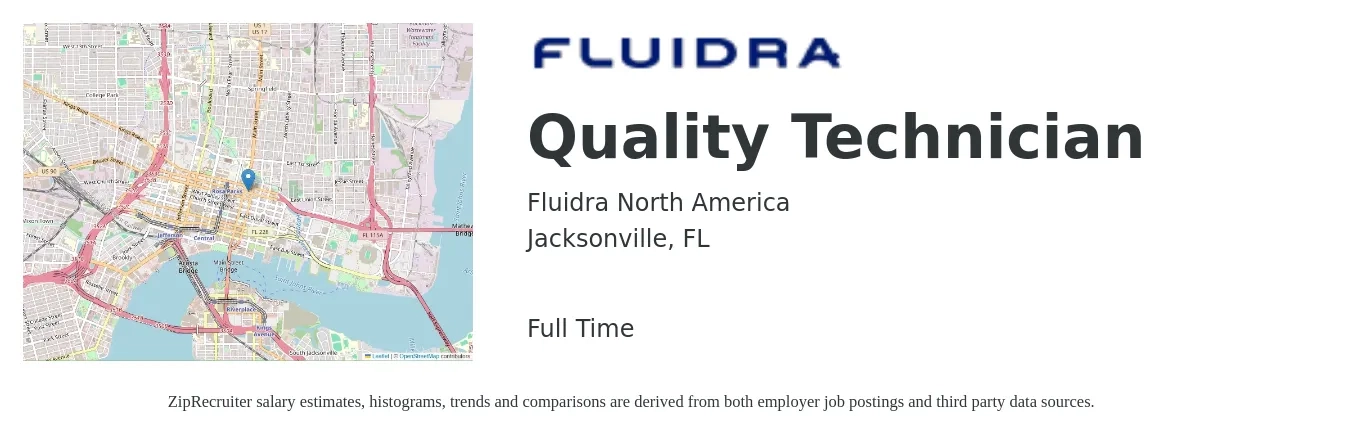 Fluidra North America job posting for a Quality Technician in Jacksonville, FL with a salary of $17 to $22 Hourly with a map of Jacksonville location.