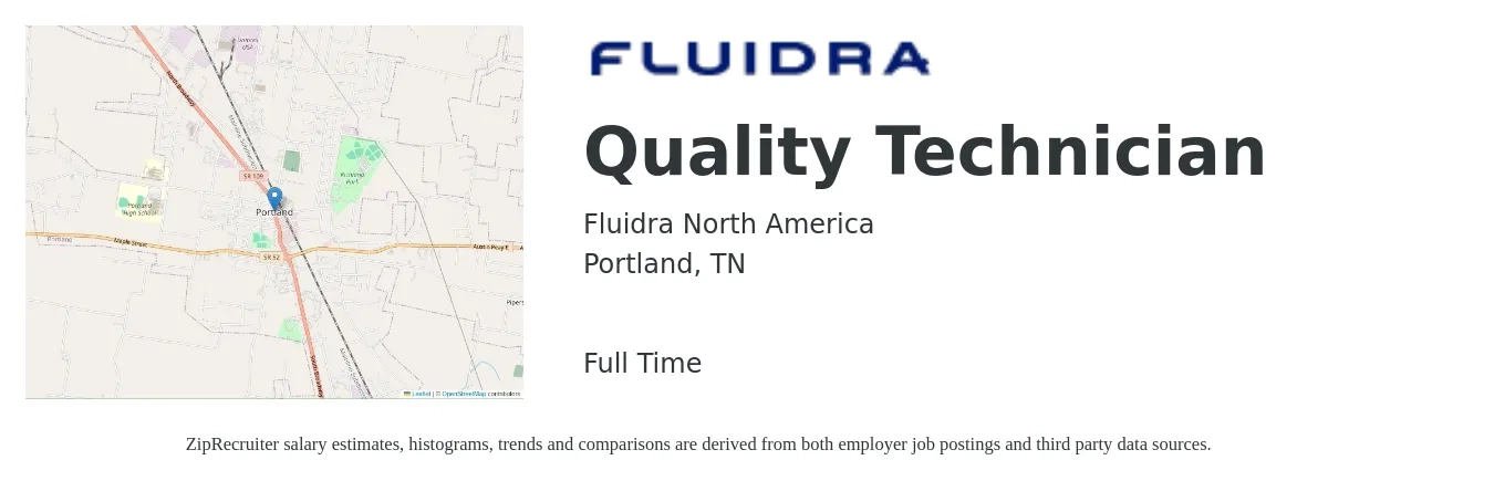 Fluidra North America job posting for a Quality Technician in Portland, TN with a salary of $16 to $22 Hourly with a map of Portland location.