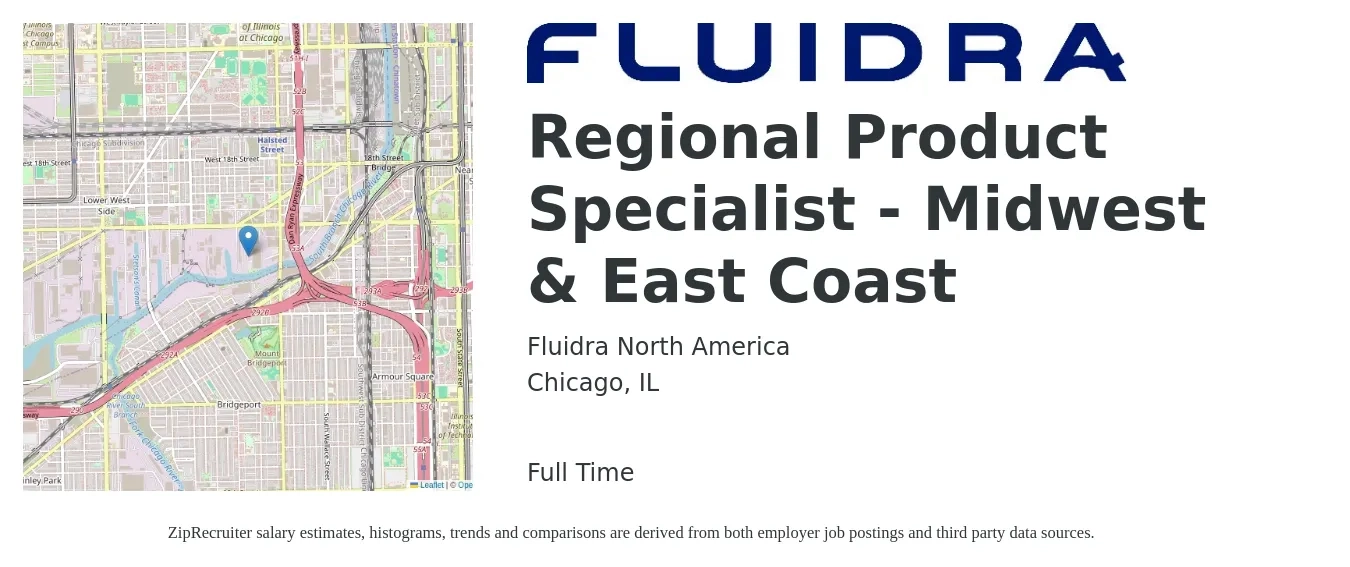 Fluidra North America job posting for a Regional Product Specialist - Midwest & East Coast in Chicago, IL with a salary of $52,000 to $95,300 Yearly with a map of Chicago location.