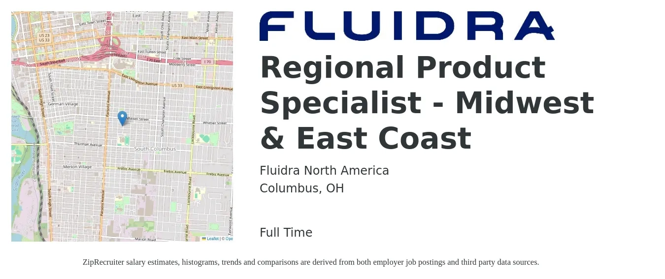 Fluidra North America job posting for a Regional Product Specialist - Midwest & East Coast in Columbus, OH with a salary of $48,800 to $89,300 Yearly with a map of Columbus location.