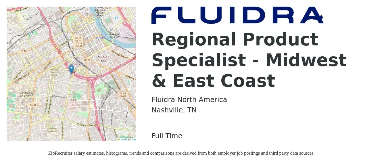 Fluidra North America job posting for a Regional Product Specialist - Midwest & East Coast in Nashville, TN with a salary of $48,800 to $89,300 Yearly with a map of Nashville location.