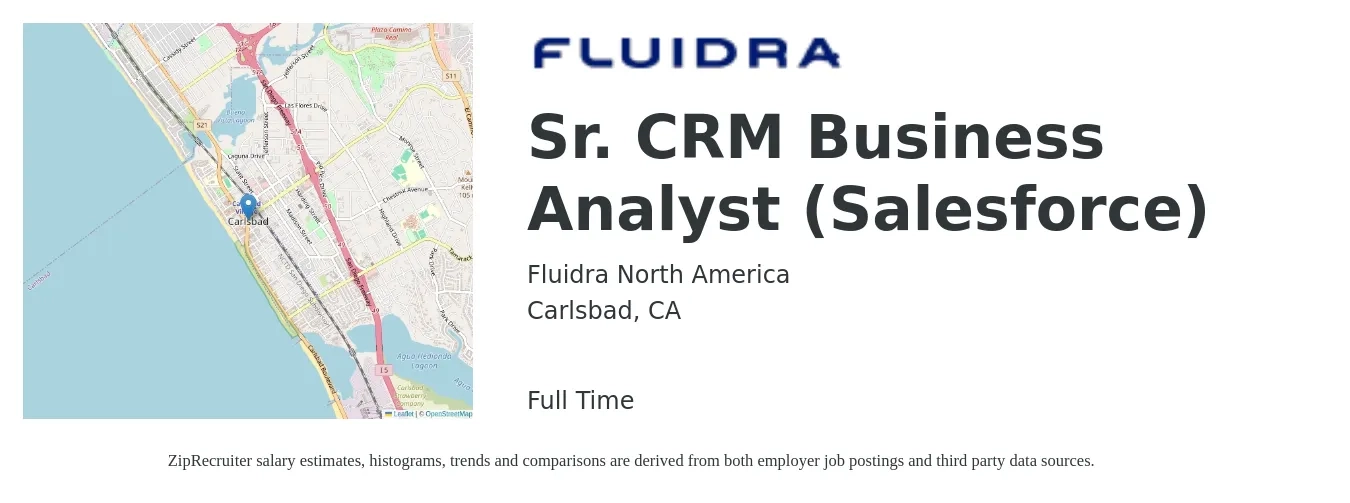 Fluidra North America job posting for a Sr. CRM Business Analyst (Salesforce) in Carlsbad, CA with a salary of $52 to $72 Hourly with a map of Carlsbad location.