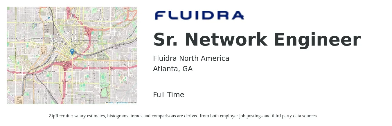 Fluidra North America job posting for a Sr. Network Engineer in Atlanta, GA with a salary of $100,000 to $137,000 Yearly with a map of Atlanta location.