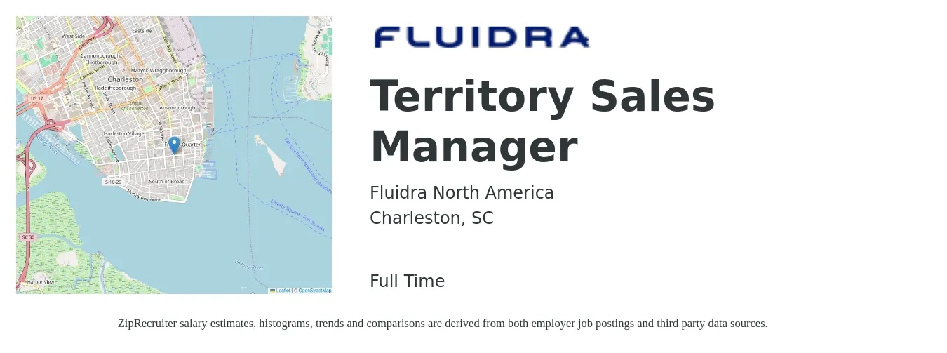 Fluidra North America job posting for a Territory Sales Manager in Charleston, SC with a salary of $60,400 to $92,600 Yearly with a map of Charleston location.