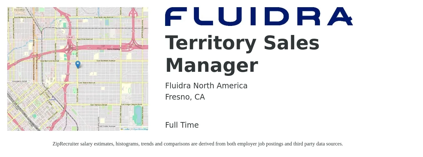 Fluidra North America job posting for a Territory Sales Manager in Fresno, CA with a salary of $64,000 to $98,300 Yearly with a map of Fresno location.