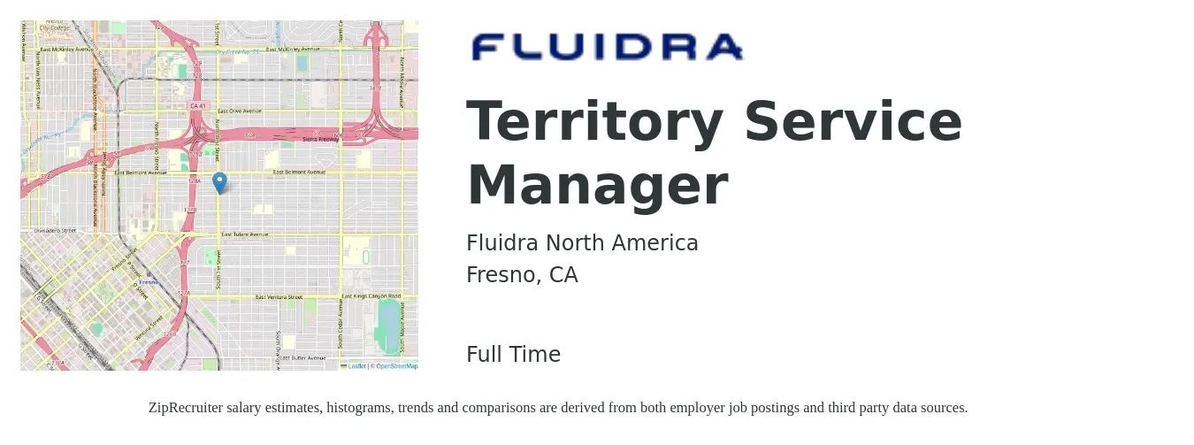 Fluidra North America job posting for a Territory Service Manager in Fresno, CA with a salary of $75,000 to $95,000 Yearly with a map of Fresno location.