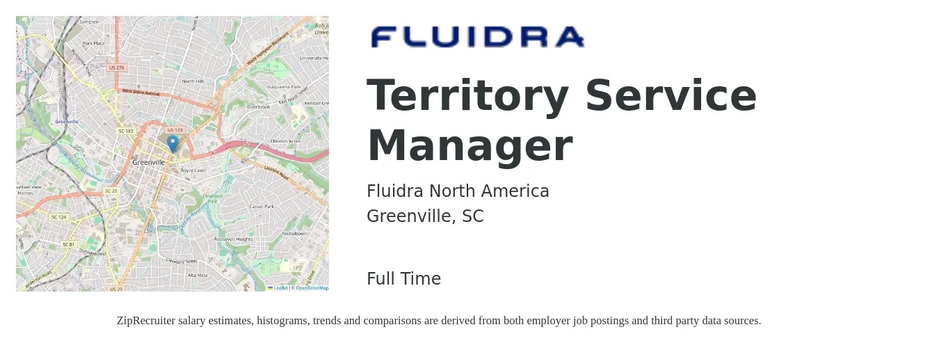 Fluidra North America job posting for a Territory Service Manager in Greenville, SC with a salary of $70,500 to $104,800 Yearly with a map of Greenville location.