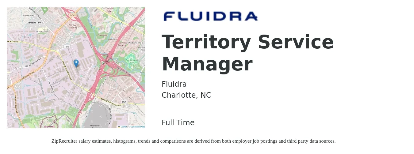 Fluidra job posting for a Territory Service Manager in Charlotte, NC with a salary of $73,300 to $108,900 Yearly with a map of Charlotte location.