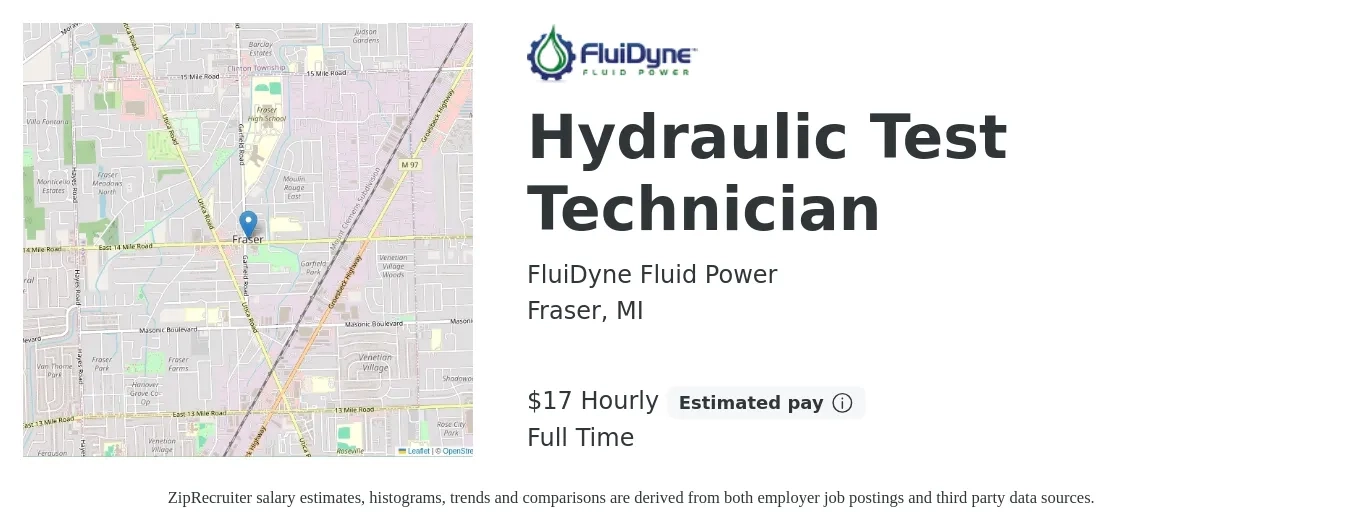FluiDyne Fluid Power job posting for a Hydraulic Test Technician in Fraser, MI with a salary of $18 Hourly with a map of Fraser location.