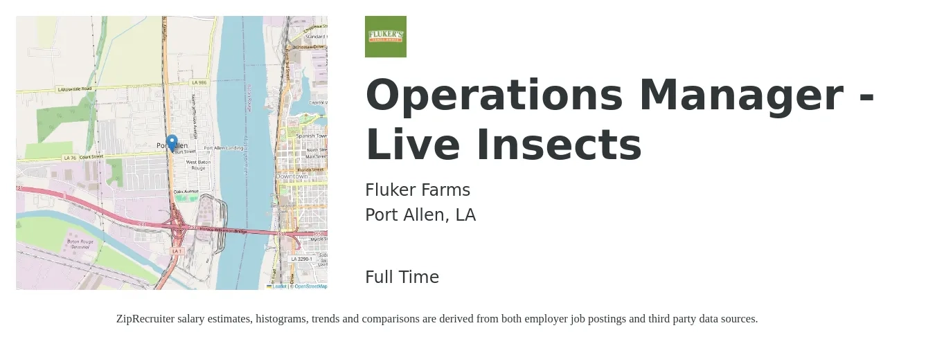 Fluker Farms job posting for a Operations Manager - Live Insects in Port Allen, LA with a salary of $60,000 to $80,000 Yearly with a map of Port Allen location.