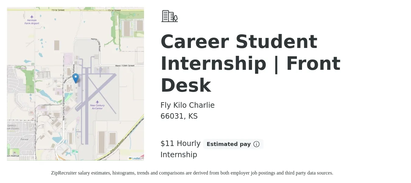 Fly Kilo Charlie job posting for a Career Student Internship | Front Desk in 66031, KS with a salary of $12 Hourly with a map of 66031 location.