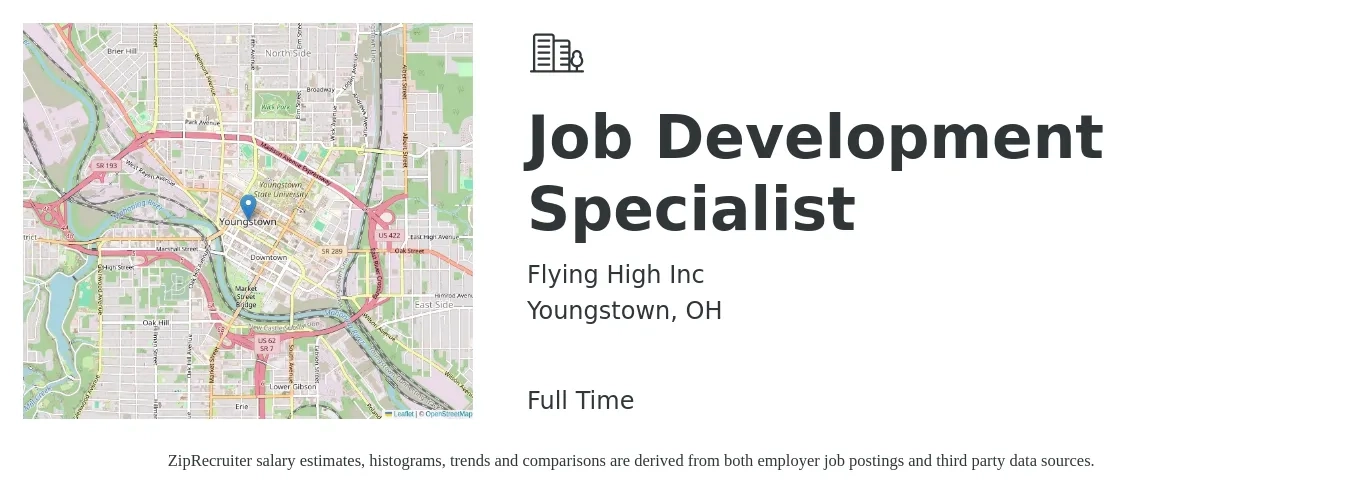 Flying High Inc job posting for a Job Development Specialist in Youngstown, OH with a salary of $41,800 to $61,100 Yearly with a map of Youngstown location.