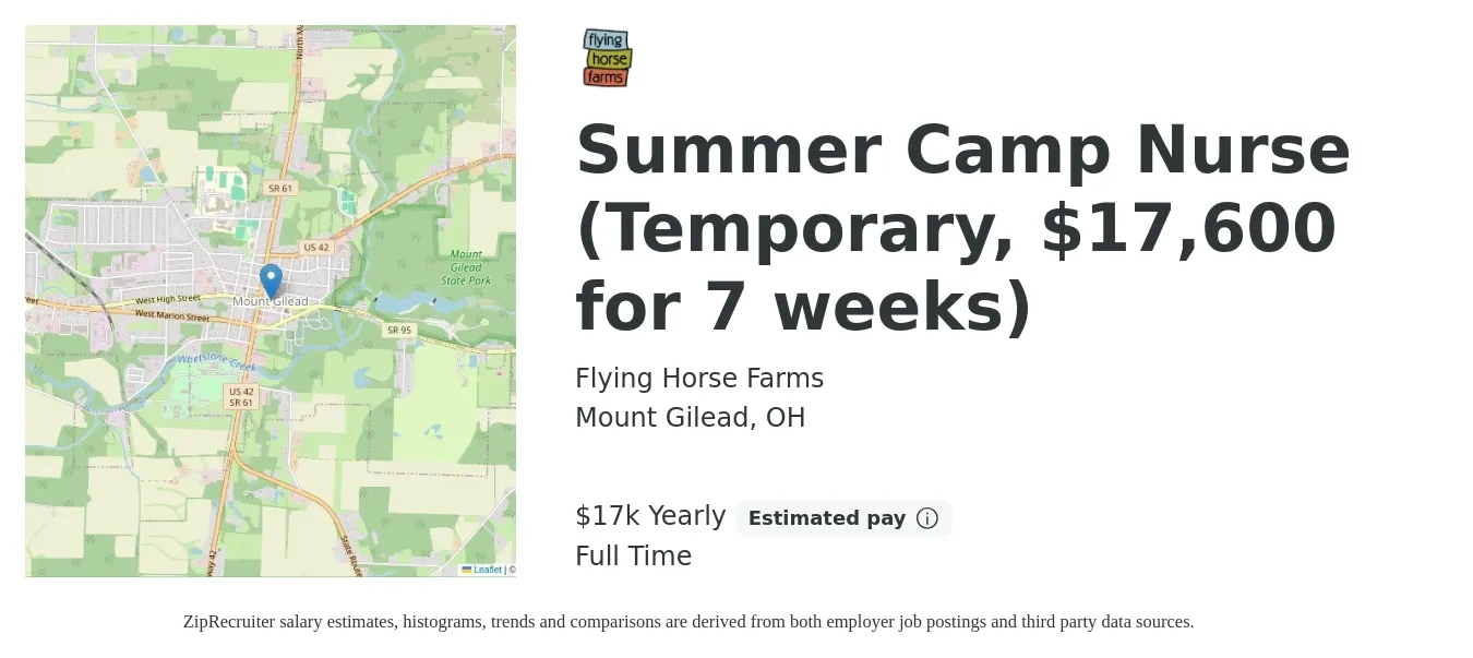 Flying Horse Farms job posting for a Summer Camp Nurse (Temporary, $17,600 for 7 weeks) in Mount Gilead, OH with a salary of $17,600 Yearly with a map of Mount Gilead location.