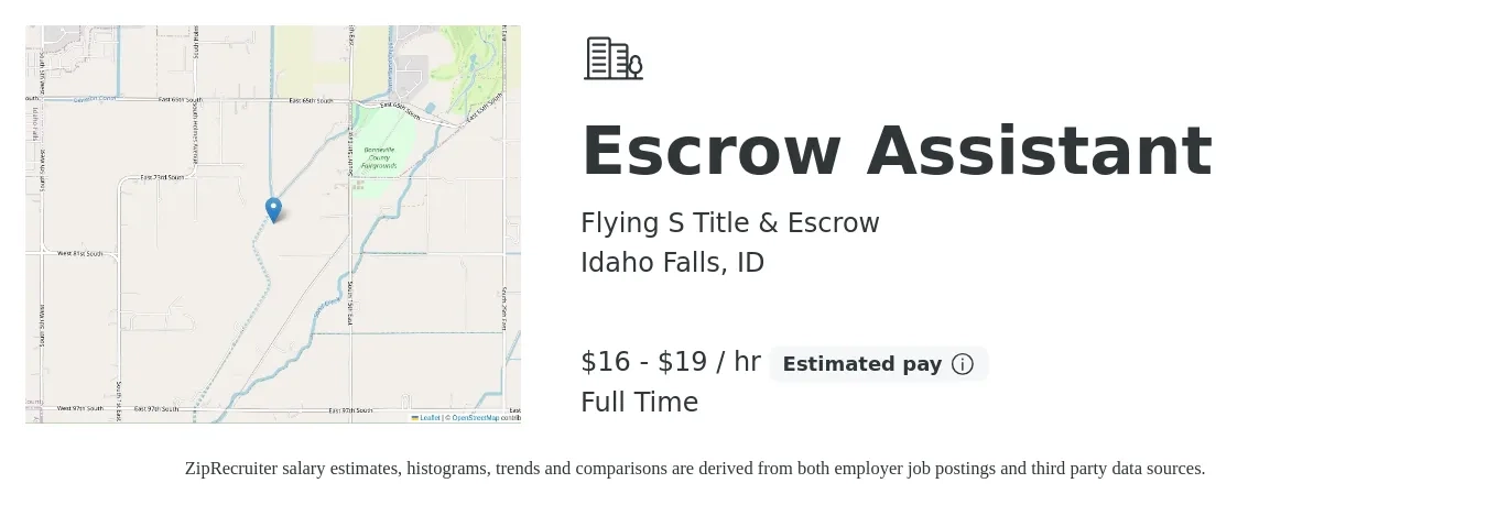 Flying S Title & Escrow job posting for a Escrow Assistant in Idaho Falls, ID with a salary of $17 to $20 Hourly with a map of Idaho Falls location.