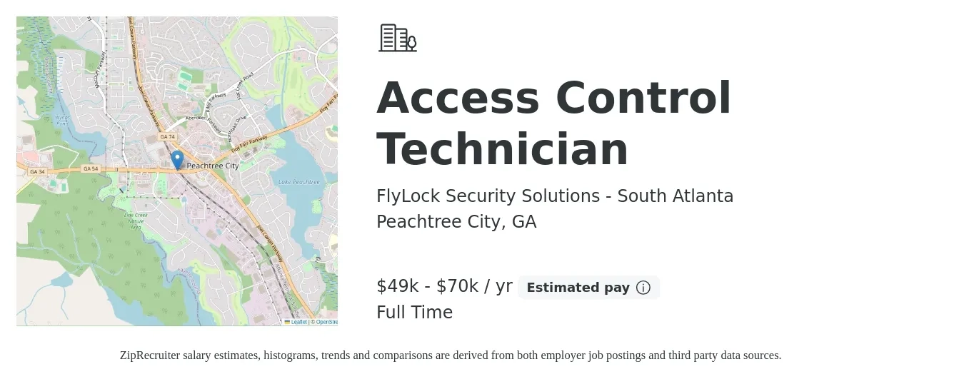 FlyLock Security Solutions - South Atlanta job posting for a Access Control Technician in Peachtree City, GA with a salary of $49,000 to $70,000 Yearly with a map of Peachtree City location.