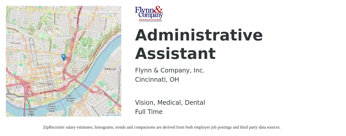 Flynn & Company, Inc. job posting for a Administrative Assistant in Cincinnati, OH with a salary of $17 to $23 Hourly and benefits including retirement, vision, dental, life_insurance, medical, and pto with a map of Cincinnati location.