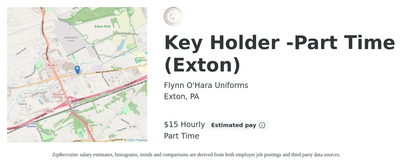 Flynn O'Hara Uniforms job posting for a Key Holder -Part Time (Exton) in Exton, PA with a salary of $16 Hourly with a map of Exton location.