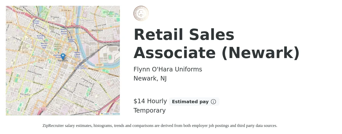 Flynn O'Hara Uniforms job posting for a Retail Sales Associate (Newark) in Newark, NJ with a salary of $15 Hourly with a map of Newark location.