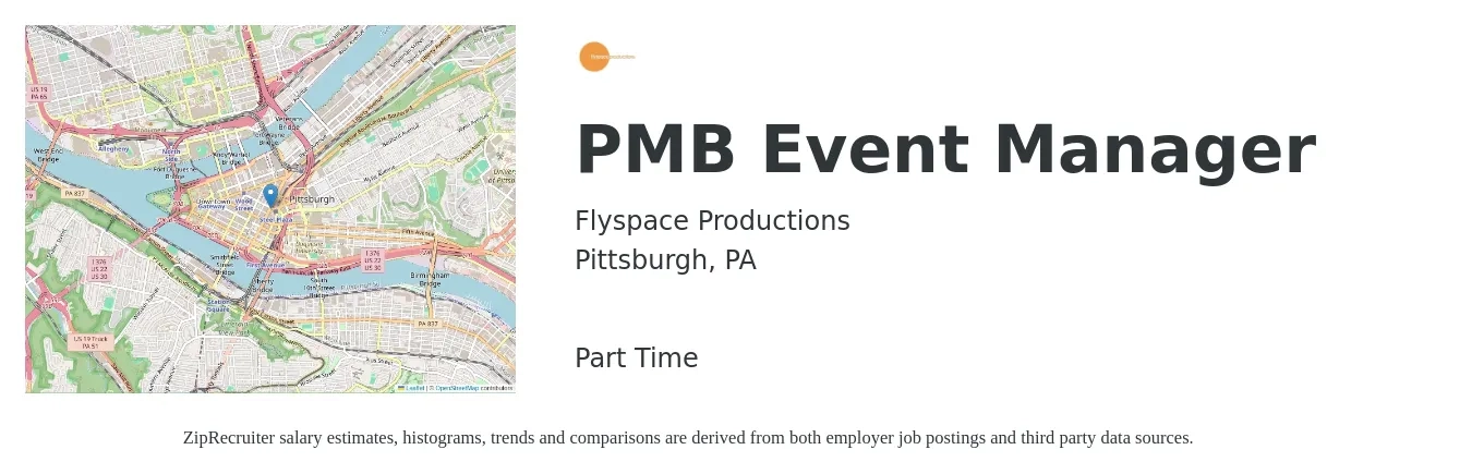 Flyspace Productions job posting for a PMB Event Manager in Pittsburgh, PA with a salary of $50,000 Yearly with a map of Pittsburgh location.