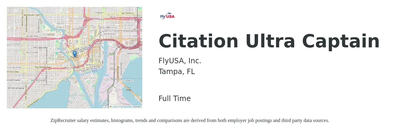 FlyUSA, Inc. job posting for a Citation Ultra Captain in Tampa, FL with a salary of $17 to $41 Hourly with a map of Tampa location.