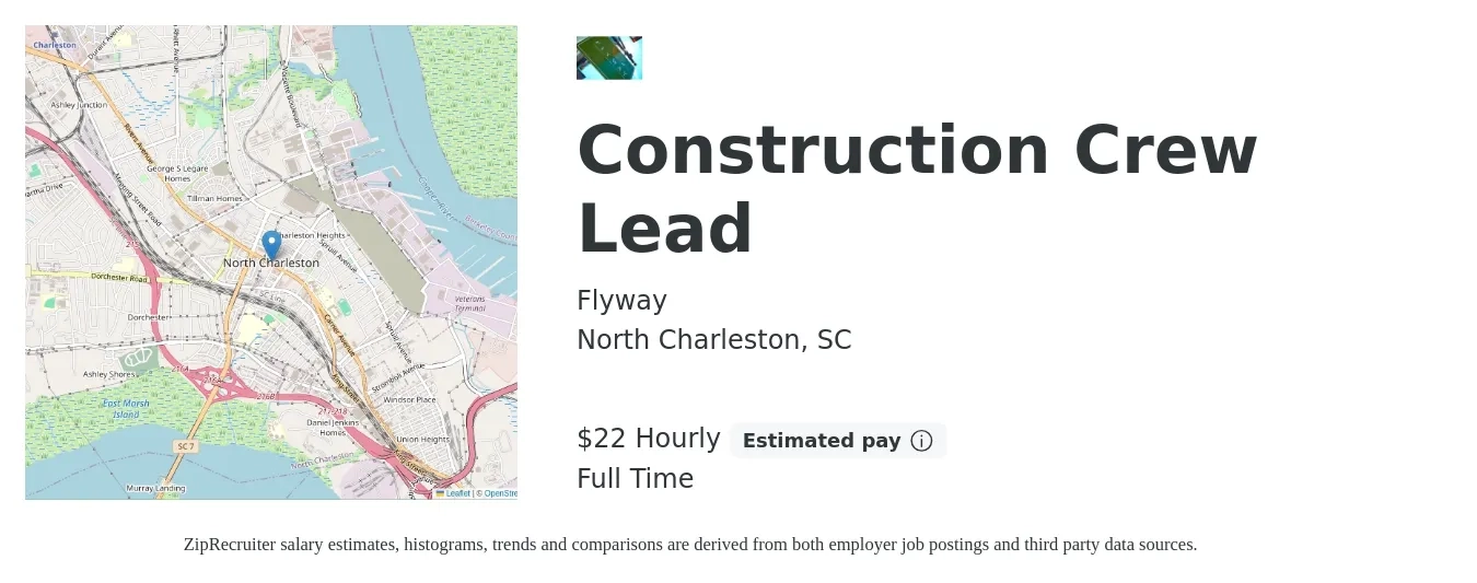 Flyway job posting for a Construction Crew Lead in North Charleston, SC with a salary of $23 Hourly (plus commission) and benefits including pto with a map of North Charleston location.