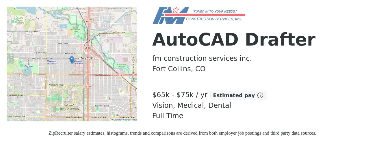 fm construction services inc. job posting for a AutoCAD Drafter in Fort Collins, CO with a salary of $65,000 to $75,000 Yearly and benefits including dental, medical, retirement, and vision with a map of Fort Collins location.