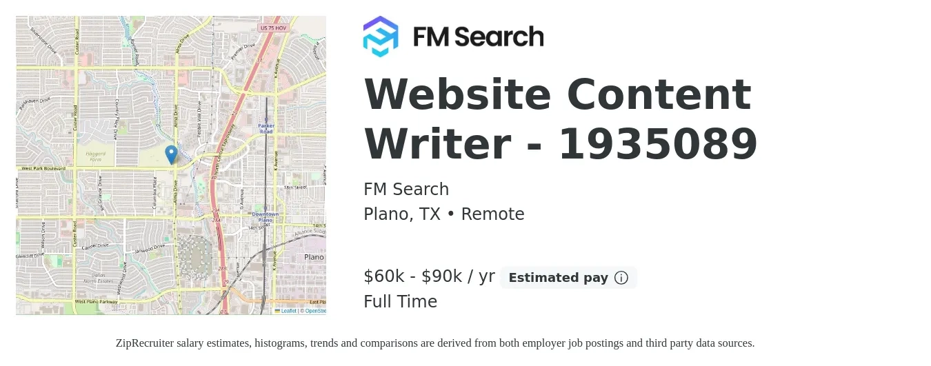 FM Search job posting for a Website Content Writer - 1935089 in Plano, TX with a salary of $60,000 to $90,000 Yearly with a map of Plano location.