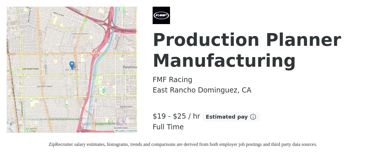 FMF Racing job posting for a Production Planner Manufacturing in East Rancho Dominguez, CA with a salary of $20 to $26 Hourly with a map of East Rancho Dominguez location.