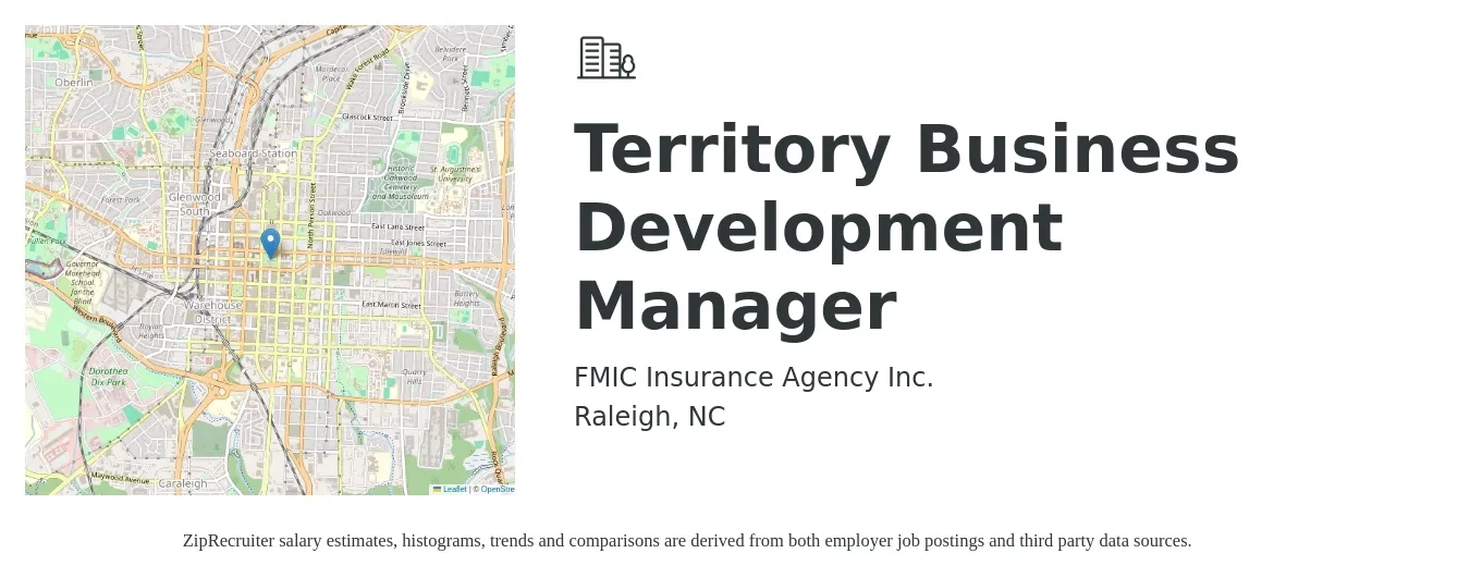 FMIC Insurance Agency Inc. job posting for a Territory Business Development Manager in Raleigh, NC with a salary of $65,000 to $90,000 Yearly with a map of Raleigh location.