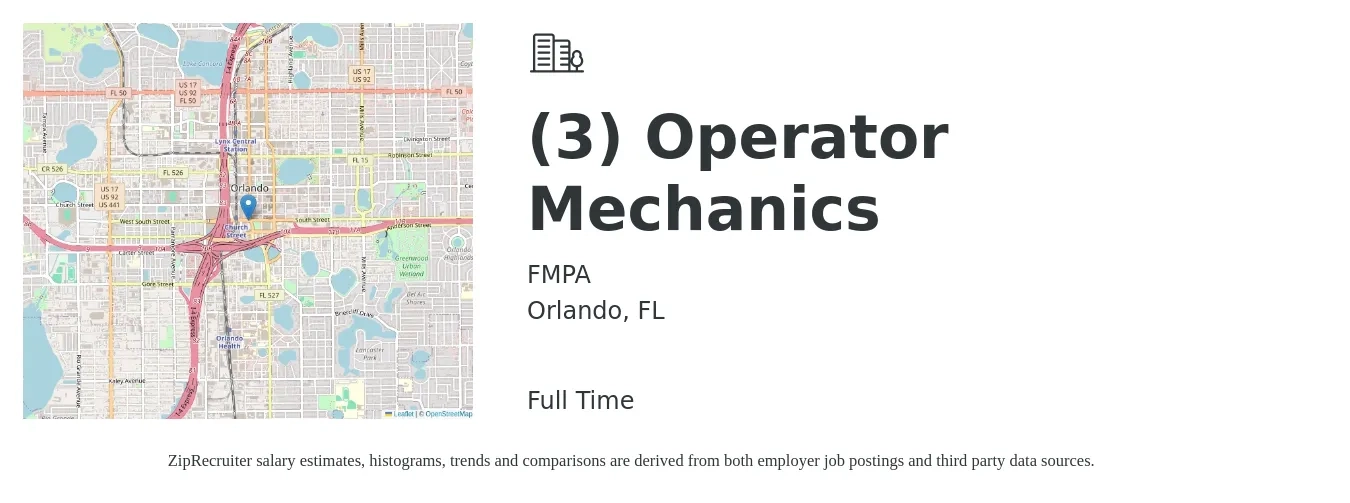 FMPA job posting for a (3) Operator Mechanics in Orlando, FL with a salary of $24 to $32 Hourly with a map of Orlando location.