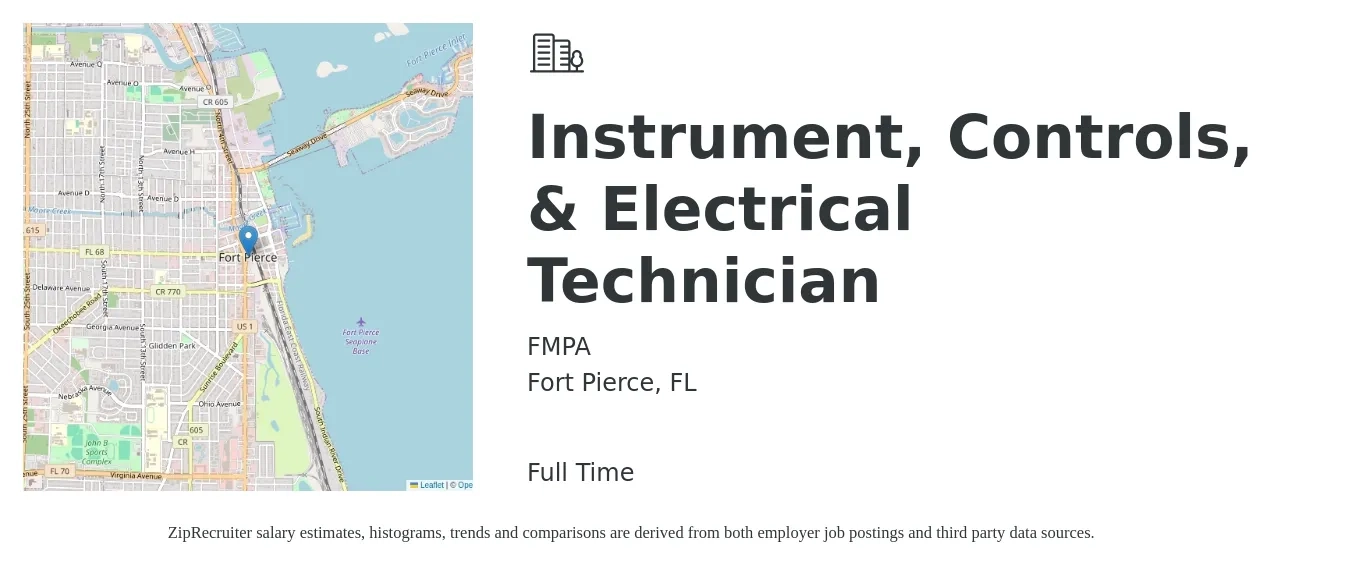 FMPA job posting for a Instrument, Controls, & Electrical Technician in Fort Pierce, FL with a salary of $23 to $30 Hourly with a map of Fort Pierce location.