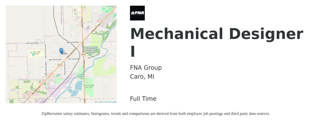 FNA Group job posting for a Mechanical Designer I in Caro, MI with a salary of $27 to $39 Hourly with a map of Caro location.