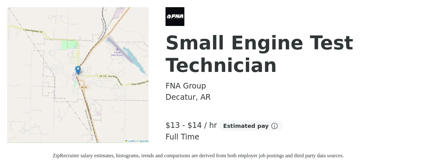 FNA Group job posting for a Small Engine Test Technician in Decatur, AR with a salary of $14 to $15 Hourly with a map of Decatur location.