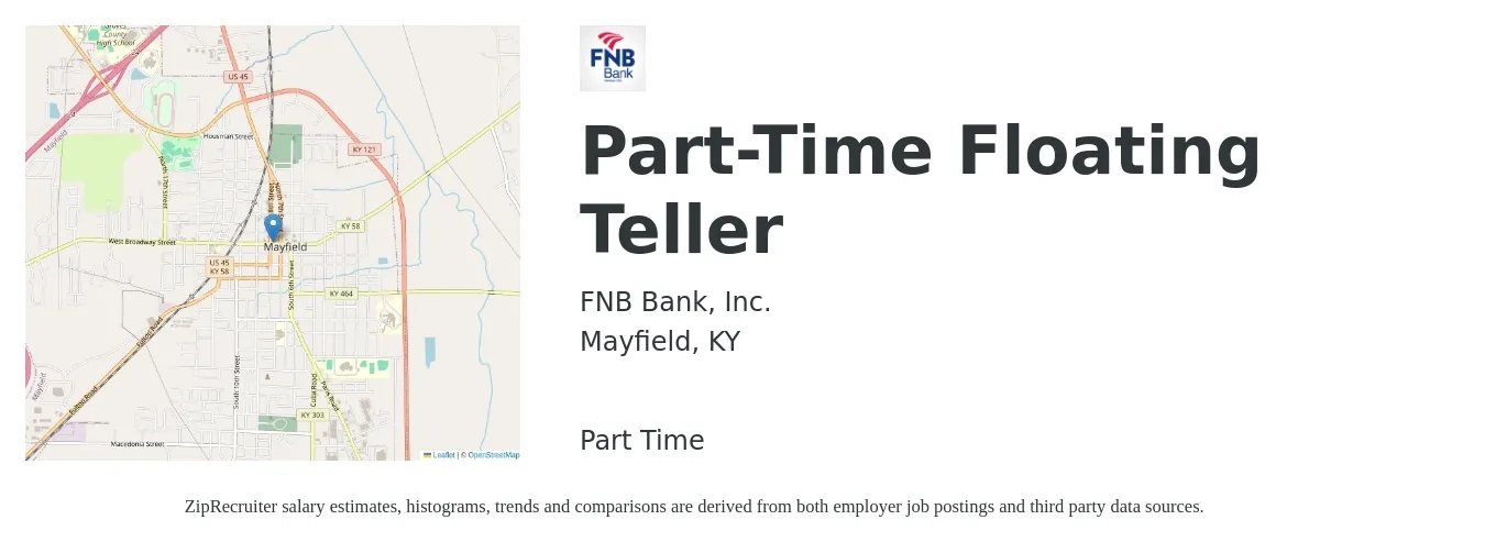 FNB Bank, Inc. job posting for a Part-Time Floating Teller in Mayfield, KY with a salary of $14 to $17 Hourly with a map of Mayfield location.