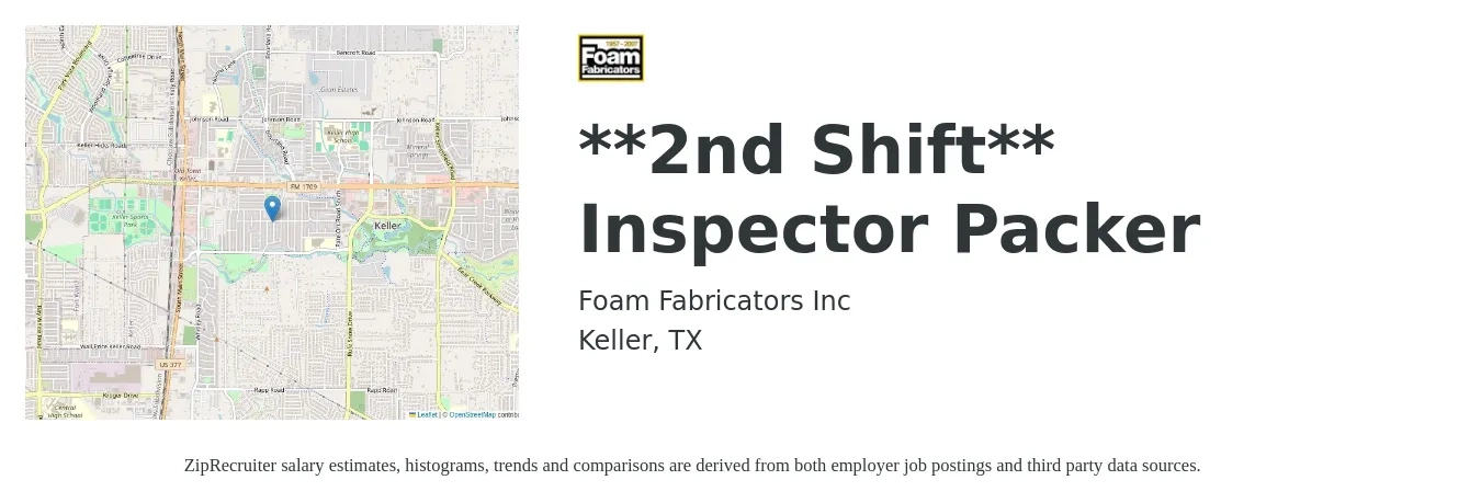 Foam Fabricators Inc job posting for a **2nd Shift** Inspector Packer in Keller, TX with a salary of $14 to $16 Hourly with a map of Keller location.