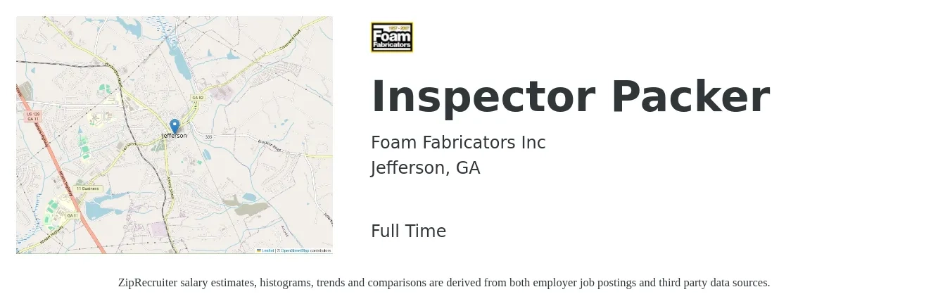Foam Fabricators Inc job posting for a Inspector Packer in Jefferson, GA with a salary of $14 to $17 Hourly with a map of Jefferson location.