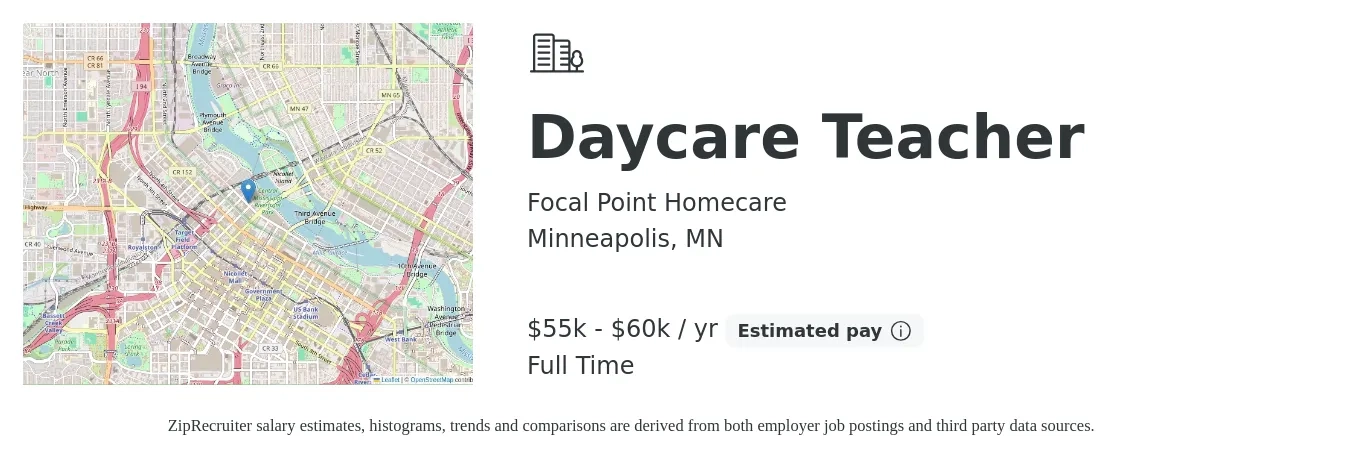 Focal Point Homecare job posting for a Daycare Teacher in Minneapolis, MN with a salary of $55,000 to $60,000 Yearly with a map of Minneapolis location.