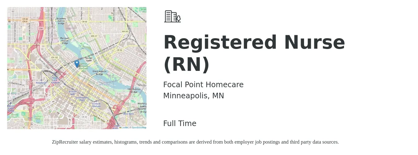 Focal Point Homecare job posting for a Registered Nurse (RN) in Minneapolis, MN with a salary of $34 to $54 Hourly with a map of Minneapolis location.